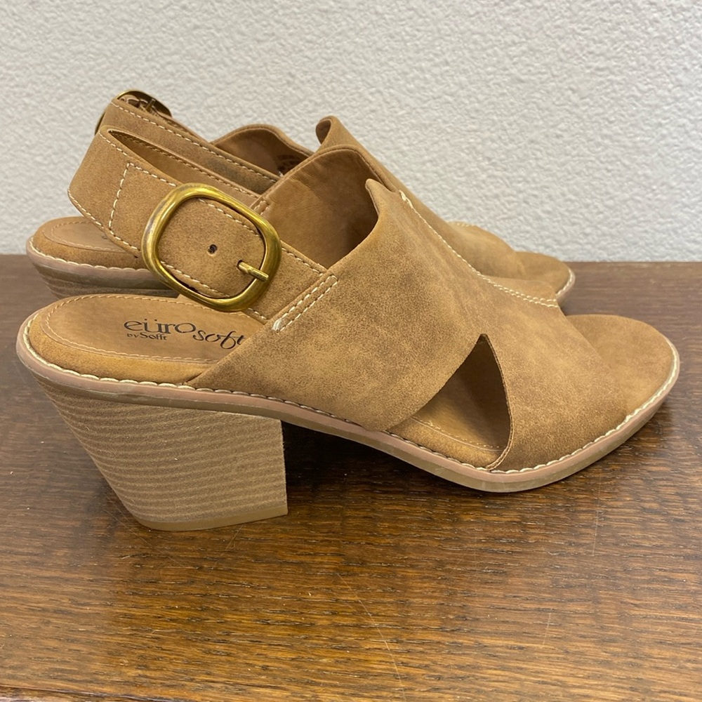 Sofft Tan Suede Open-Toe Slingback Sandal with Gold Buckle Accent